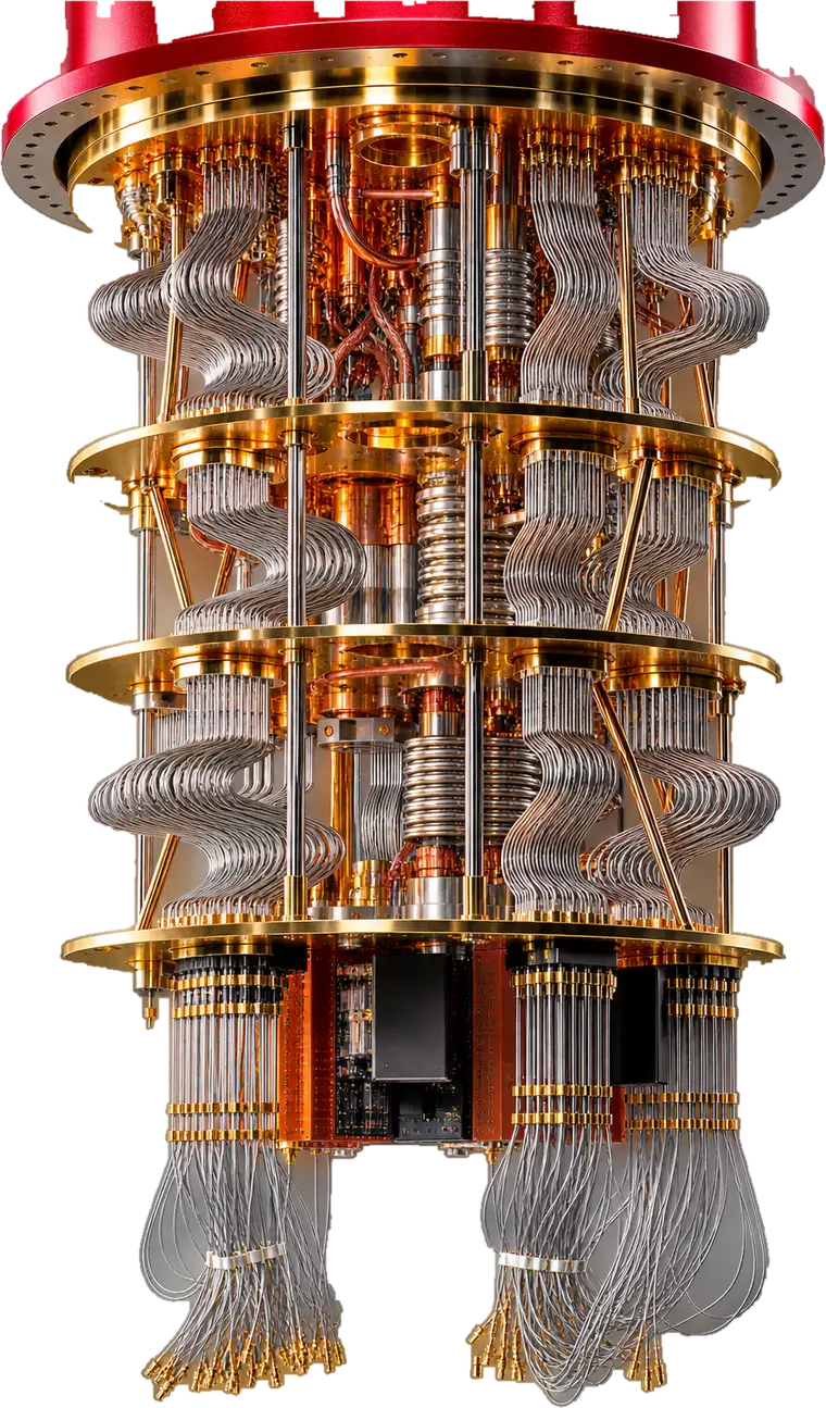 The gold-plated millikelvin stages of a dilution refrigerator, wired for a superconducting quantum processor