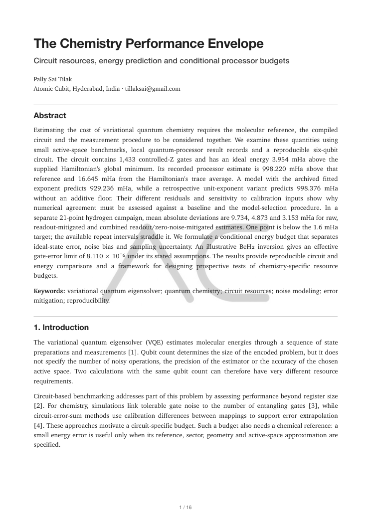 First page of The Chemistry Performance Envelope submitted manuscript